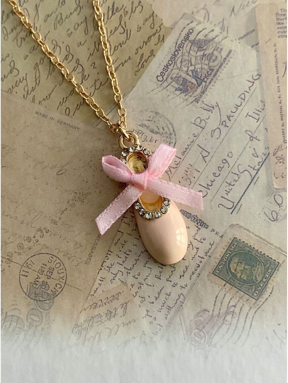 Charming Pink Ballet Slipper Necklace with Rhinestone Accent & Bow